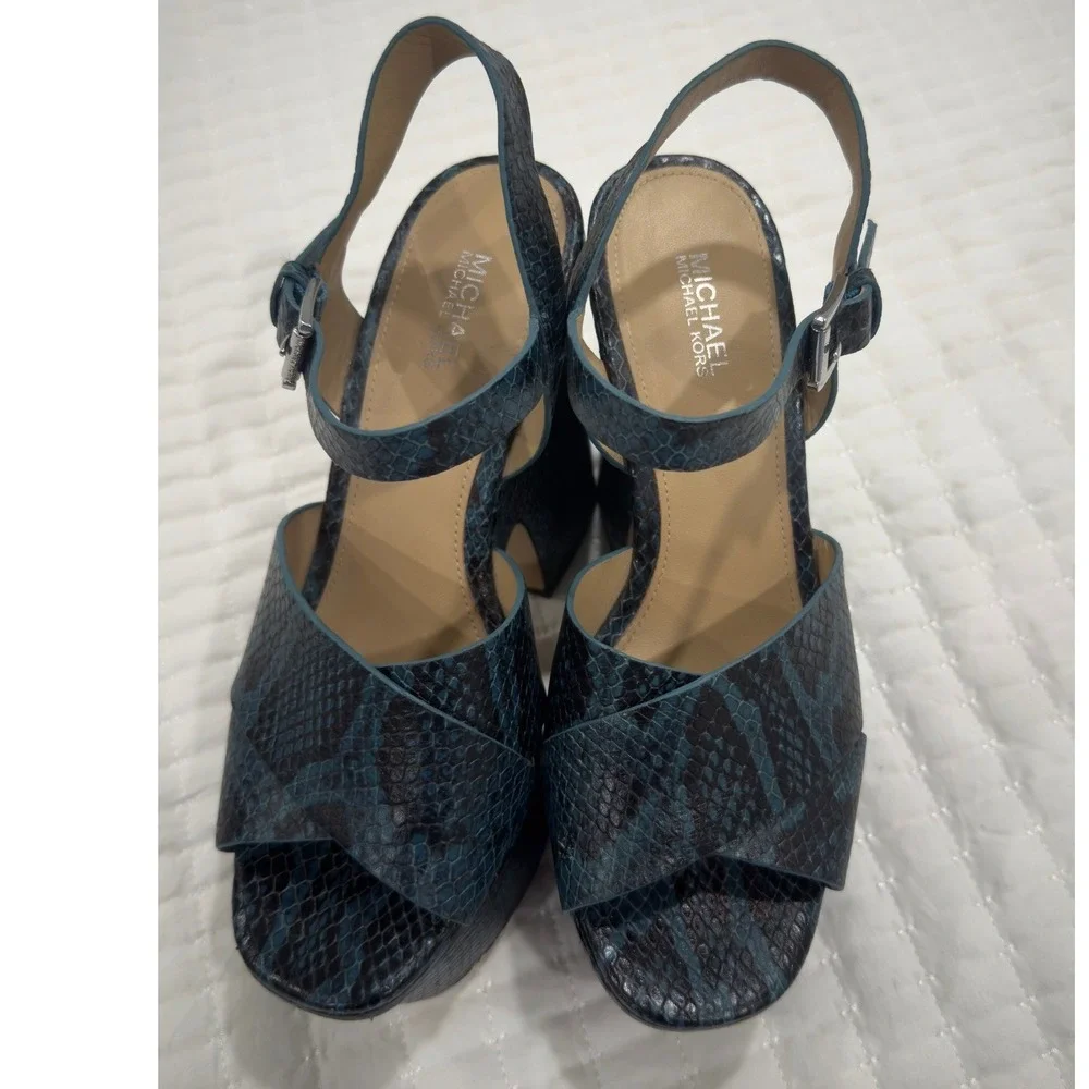 Michael Kors‎ Blue Snakeskin Embossed Leather Platform Block Heel Sandals 7M